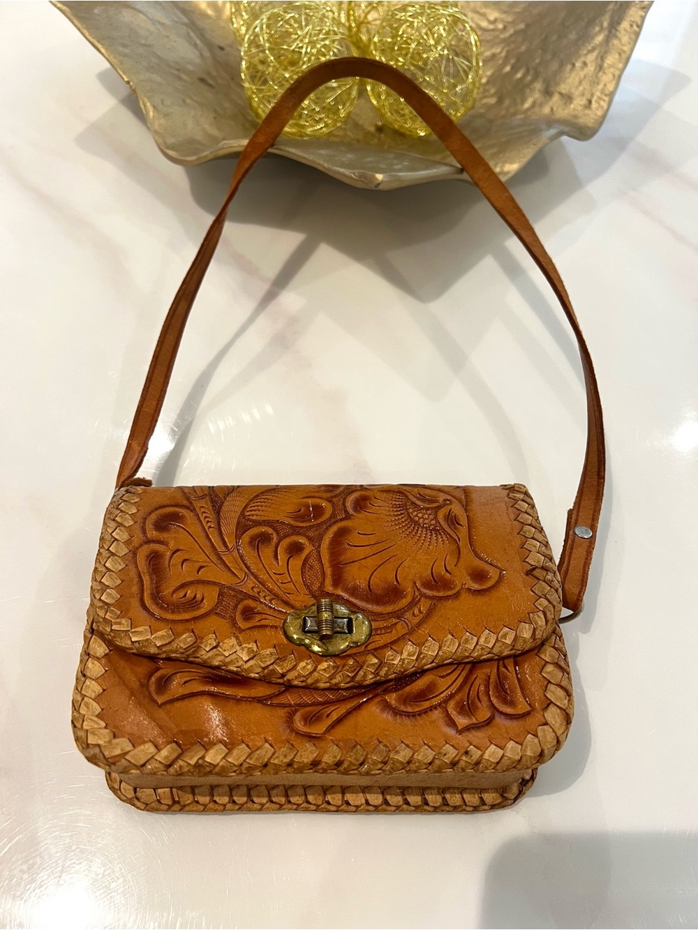 Hand tooled leather short  strap bag